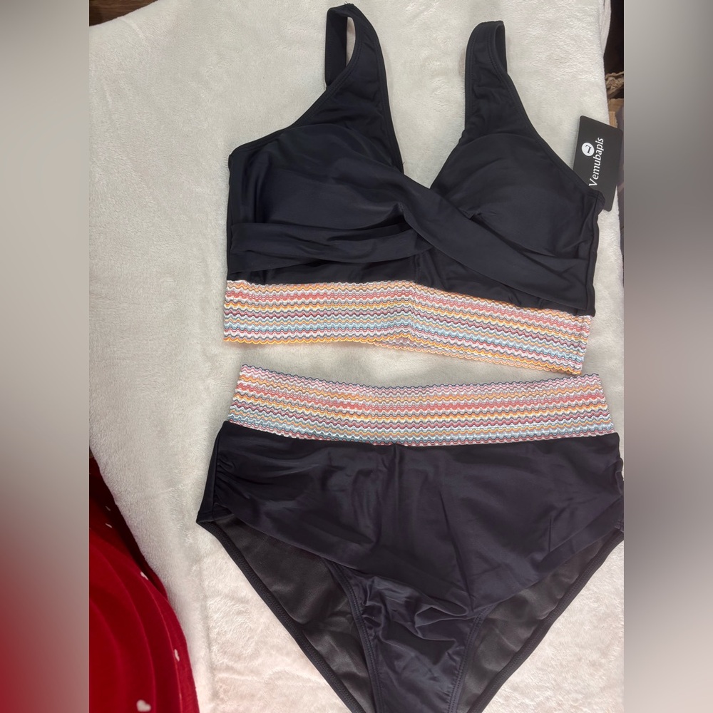 Stylish Black Bikini with Multicolor Waistband